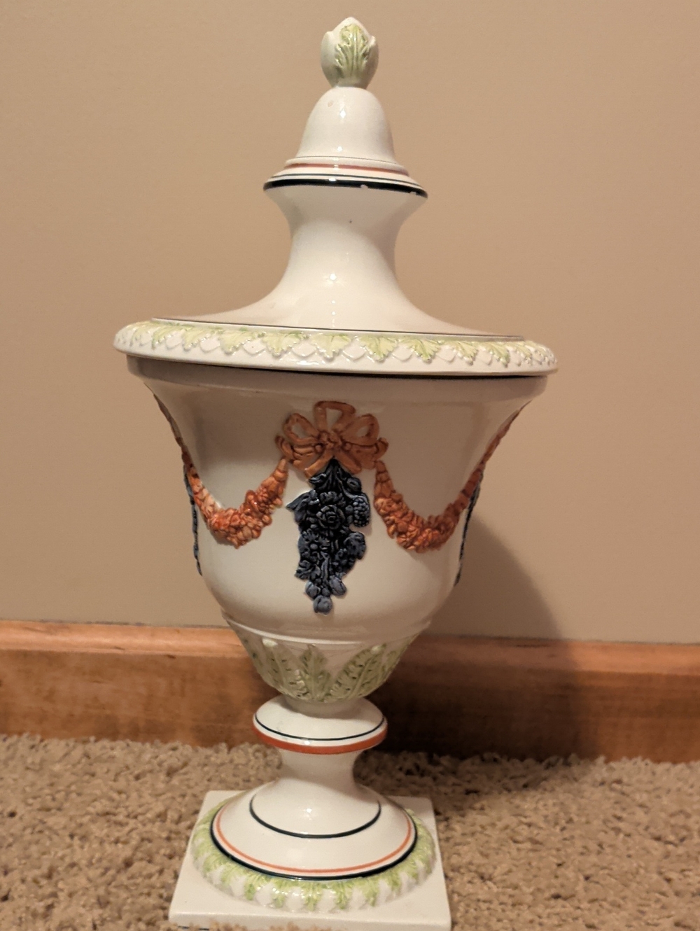 Vintage Italian Mottahhedeh Decorator Urn with Multicolor Relief Accents And Lid